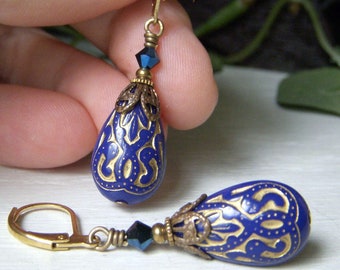 Cobalt Lucite Teardrop Earrings on Brass Leverbacks, Art Nouveau Florentine Style, Blue Etched Dangle, Lightweight Earrings