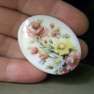 Three Vintage 30 X 40mm German Glass Cabochons, Lot of 3, Large Oval, Floral Roses Design, Multi Colored Flowers on White Background