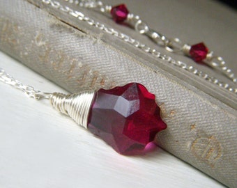 Ruby Crystal Necklace, Ruby Red Swarovski Baroque Pendant, Sterling Silver Minimalist, Wire Wrapped Dagger Teardrop