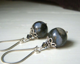 Coconut Fossil Earrings, Sterling Silver Dangle, Chubby Round Gemstone Earrings, Blue Black Earrings, Gemstone Dangles