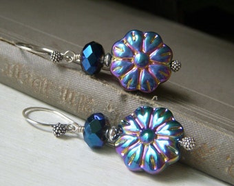 Blue Rainbow Floral Earrings Sterling Silver, Glass AB Aurora Borealis, Iridescent Carnival Glass Oil Slick Earrings, Bali Sterling Silver