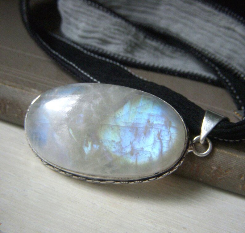 Rainbow Moonstone Pendant Necklace, Handdyed Silk Ribbon, Large Oval