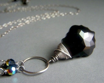 Black Swarovski Necklace on Oxidized Sterling Silver, Wirewrapped Crystal Pendant, Gothic Black Crystal Necklace