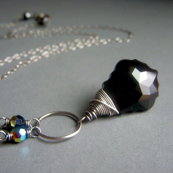 Black Swarovski Necklace on Oxidized Sterling Silver, Wirewrapped Crystal Pendant, Gothic Black Crystal Necklace