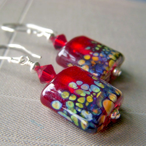 Red Lampwork Earrings on Sterling Silver . Artisan Made SRA Glass Bead Spotted Raku Dangle . Florabunda