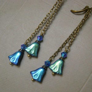 Blue-black Czech Glass AB Aurora Borealis Tulip Earrings, Iridescent Floral, Long Chain Dangle 3&quot;, Antiqued Brass, Vintage Inspired Style