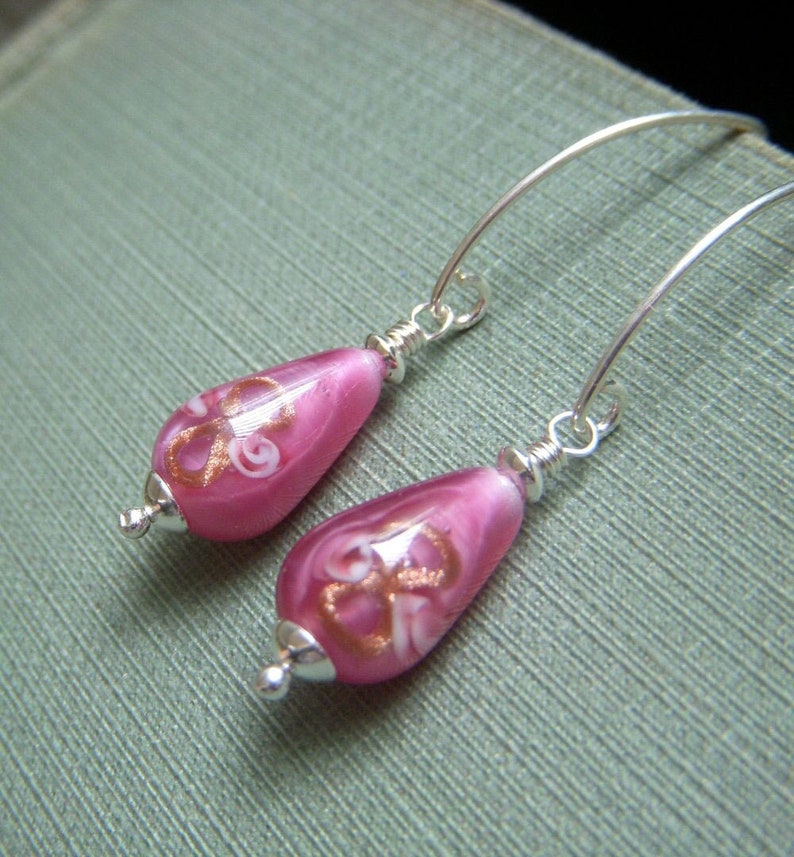 Floral Lampwork Earrings, Teardrop Earrings, Vintage Czech Glass Rose Pink Dangle, Sterling Silver Drop, Rosebud Flower Earrings image 1