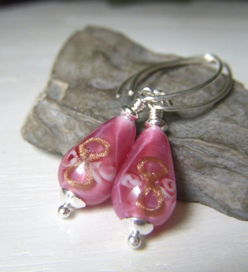 Floral Lampwork Earrings, Teardrop Earrings, Vintage Czech Glass Rose Pink Dangle, Sterling Silver Drop, Rosebud Flower Earrings image 4