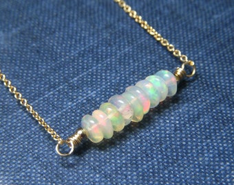 Opal Bar Necklace, Genuine Opal Necklace, Real Opals, Gold Filled Welo Ethiopian Opal, Fiery Opal Rondelle Minimalist Necklace