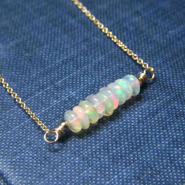 Opal Bar Necklace, Genuine Opal Necklace, Real Opals, Gold Filled Welo Ethiopian Opal, Fiery Opal Rondelle Minimalist Necklace