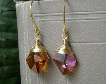 Swarovski Earrings, Crystal Copper, Topaz Color, Gold Filled Wrapped Briolette Dangles, Vermeil Earwire