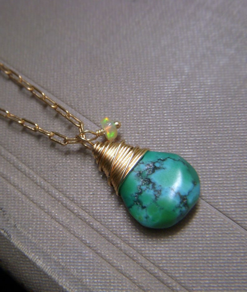 Turquoise Pendant Wirewrapped Briolette Genuine Turquoise Necklace Gold Filled Minimalist Pendant Real Turquoise Welo Opal Accent