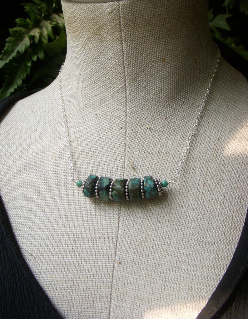 Chunky Tribal Genuine Turquoise Stacked Heishi Gemstone Bar Necklace Rustic Turquoise Real Turquoise Necklace Sterling Silver