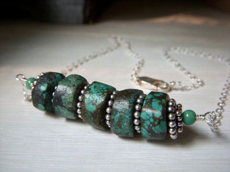 Chunky Tribal Genuine Turquoise Stacked Heishi Gemstone Bar Necklace Rustic Turquoise Real Turquoise Necklace Sterling Silver