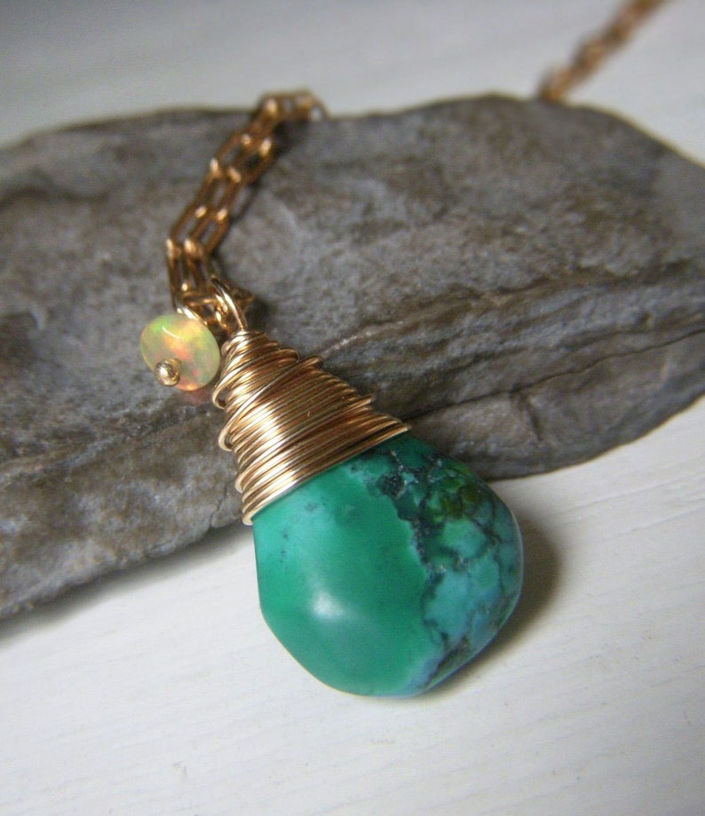 Turquoise Pendant Wirewrapped Briolette Genuine Turquoise Necklace Gold Filled Minimalist Pendant Real Turquoise Welo Opal Accent