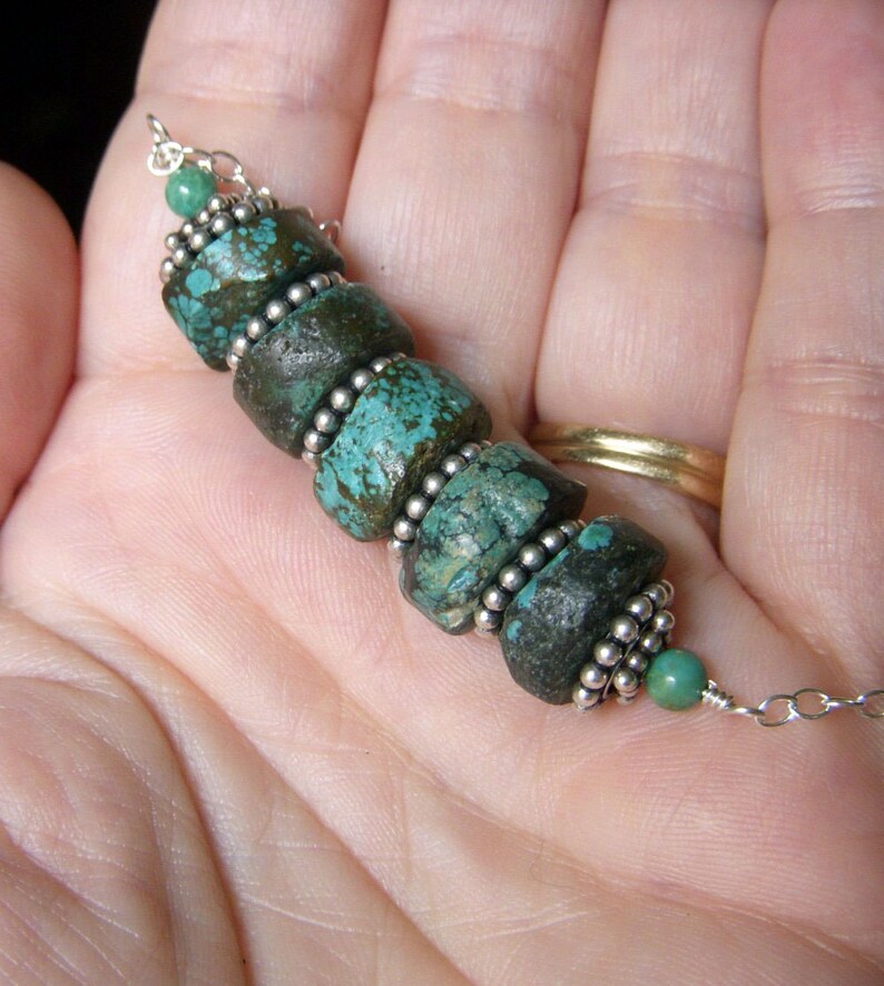 Chunky Tribal Genuine Turquoise Stacked Heishi Gemstone Bar Necklace Rustic Turquoise Real Turquoise Necklace Sterling Silver