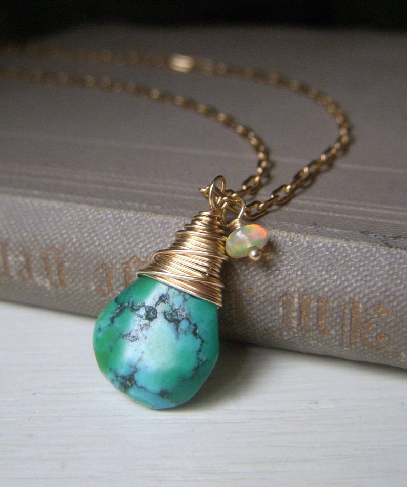 Turquoise Pendant Wirewrapped Briolette Genuine Turquoise Necklace Gold Filled Minimalist Pendant Real Turquoise Welo Opal Accent