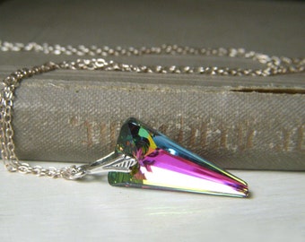 Crystal Spike Necklace, Rainbow Vitrail Pendant, Sterling Silver Minimalist Swarovski Pendant, Prismatic Multi Color