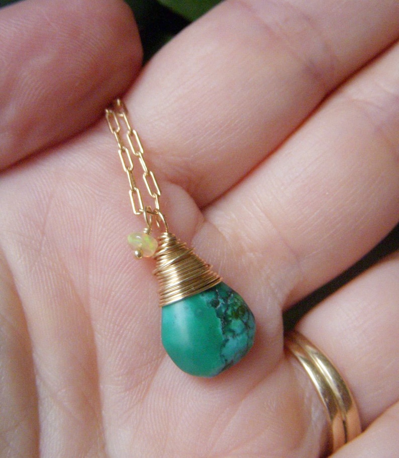 Turquoise Pendant Wirewrapped Briolette Genuine Turquoise Necklace Gold Filled Minimalist Pendant Real Turquoise Welo Opal Accent