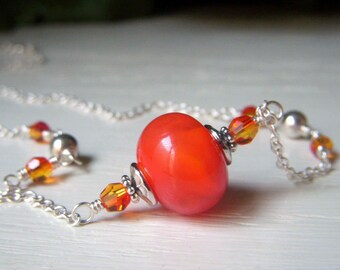 Sunset Orange Lampwork Necklace, Orange Red Necklace, Glass Necklace, Sterling Silver, Handmade Lampwork Necklace, Swarovski Crystals