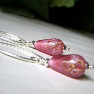 Floral Lampwork Earrings, Teardrop Earrings, Vintage Czech Glass Rose Pink Dangle, Sterling Silver Drop, Rosebud Flower Earrings image 2