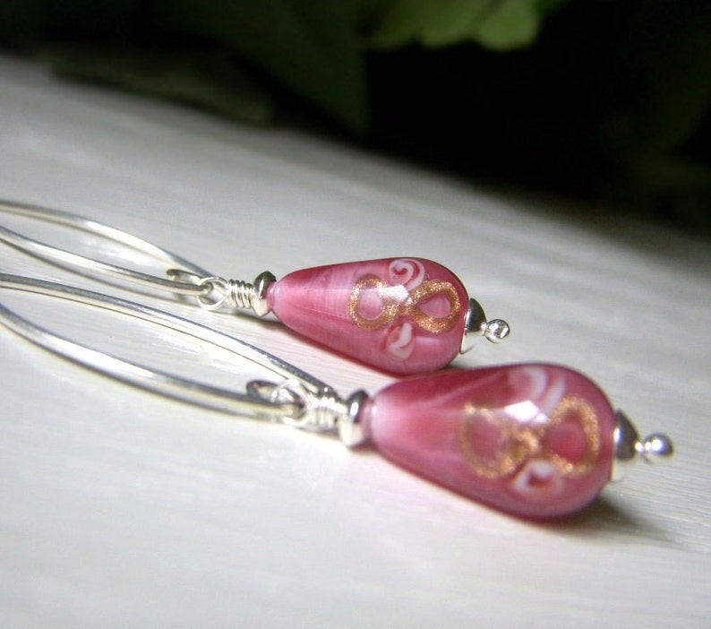 Floral Lampwork Earrings, Teardrop Earrings, Vintage Czech Glass Rose Pink Dangle, Sterling Silver Drop, Rosebud Flower Earrings image 2