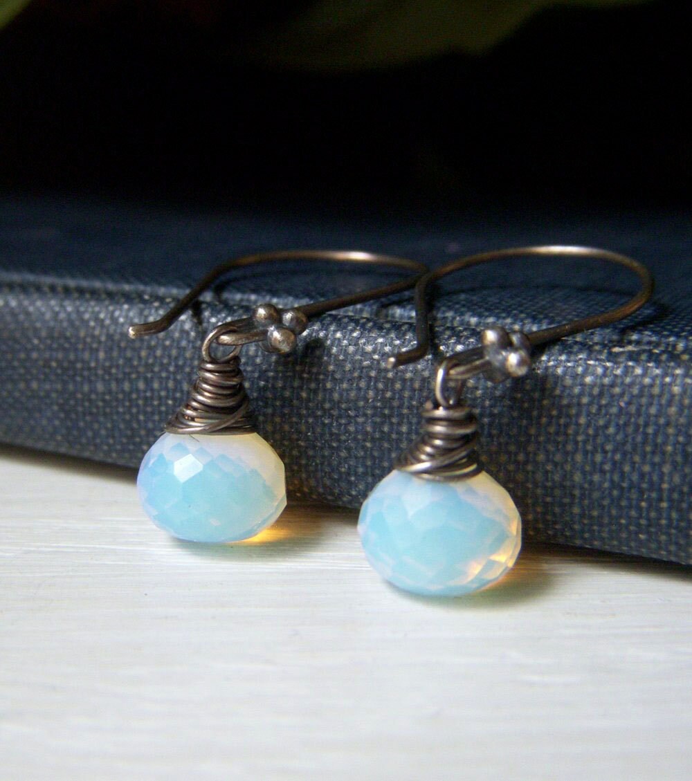 Opalite Jewelry Opalite Earrings Light Blue Earrings Wire Wrapped Earrings Gemstone Earrings Modern Earrings Sterling Silver Earrings