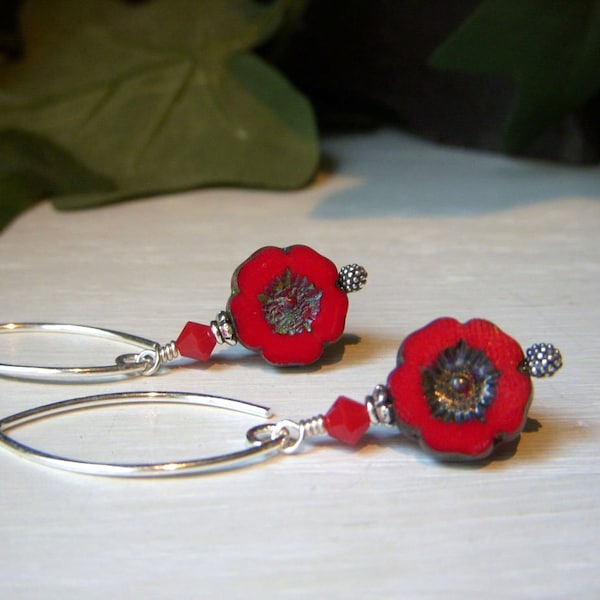 Cherry Red Floral Earrings, Hawaiian Hibiscus Earrings, Sterling Silver, Dark Red Czech Glass Dangle, Floral Bead on Almond Earwire