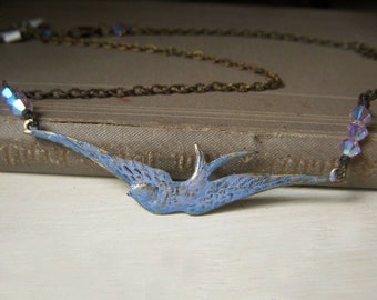 Lilac Lavender Sparrow Necklace, Hand Patina Brass, Swooping Swallow Necklace, Brass Bird, Swarovski Crystal