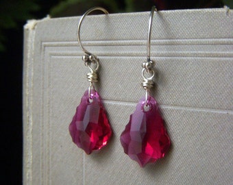 Swarovski Baroque Shape Ruby Crystal Earrings, Crystal Drop Dangles, Ruby Red Swarovski, Sterling Silver Earrings