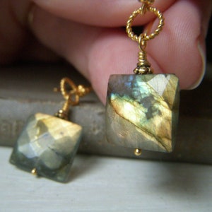 Square Labradorite Earrings on Gold, Golden Green Flash, Faceted Gemstone, Fiery Labradorite Earrings