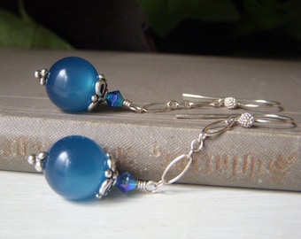Blue Moonglow Round Earrings, Sterling Silver Chain Dangle, Vintage Capri Blue Lucite, Long Swingy, Luminous Turquoise Blue Earrings