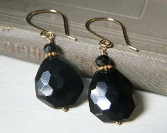 Black Spinel Gemstone Earrings, Beaded Dangle, 14k Gold Filled Earrings, Luxe Elegant Drop, High Quality Gems