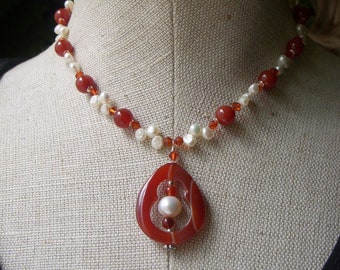 Carnelian and Genuine Pearl Necklace, Sterling Silver, Choker Length Adjustable, Banded Agate Teardrop Pendant, Freshwater Pearl