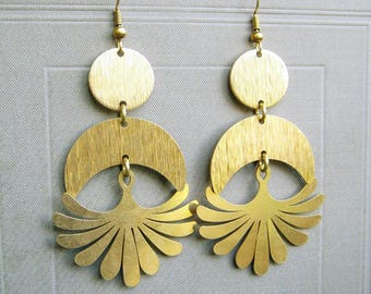 Long Brass Leaf Earrings, Brushed Metal, 2.9 Inch, Natural Solid Brass, Boho Fan Leaf Dangle, Tribal Lightweight Statement Bohemian Earrings
