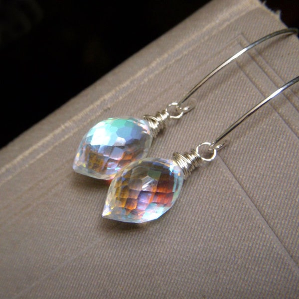 Last Pair, Mystic Quartz Earrings, Sterling Silver, Dewdrop Shape Gemstone, Rainbow Finish, Faceted Iridescent, Minimalist Drop Earrings