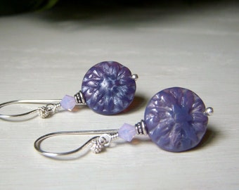 Violet Etched Glass Flower Earrings, Sterling Silver, Czech Opal Glass, Purple Dahlia Floral Dangle