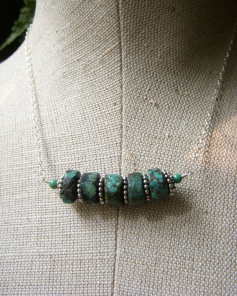 Chunky Tribal Genuine Turquoise Stacked Heishi Gemstone Bar Necklace Rustic Turquoise Real Turquoise Necklace Sterling Silver