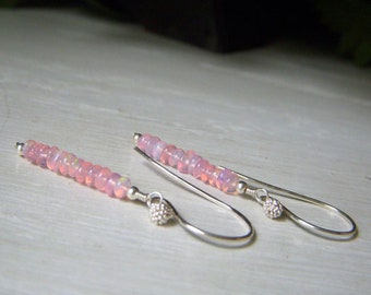 Pink Opal Earrings, Genuine Real Opals, Sterling Silver Welo Ethiopian Opal, Petite Dangles, Opal Stacked Rondelle