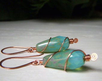 Aqua Teardrop Earrings on Copper, Opalescent Blue Czech Opal Glass, Wire Wrapped Spiral