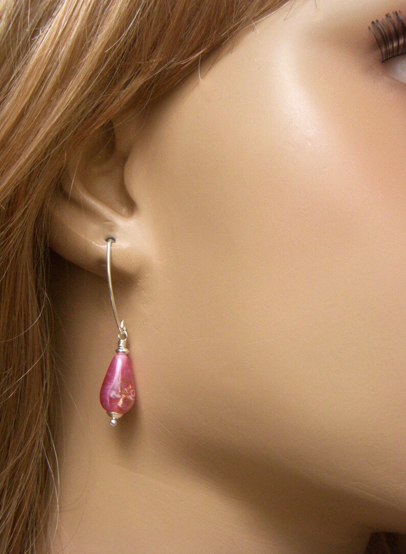 Floral Lampwork Earrings, Teardrop Earrings, Vintage Czech Glass Rose Pink Dangle, Sterling Silver Drop, Rosebud Flower Earrings image 5