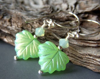 Green Leaf Earrings on Sterling Silver with Swarovski . Etched Glass Iridescent Maple Leaves Czech Dangle . Mint Green Earrings