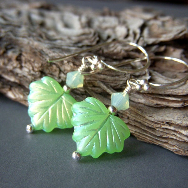 Green Leaf Earrings on Sterling Silver with Swarovski . Etched Glass Iridescent Maple Leaves Czech Dangle . Mint Green Earrings
