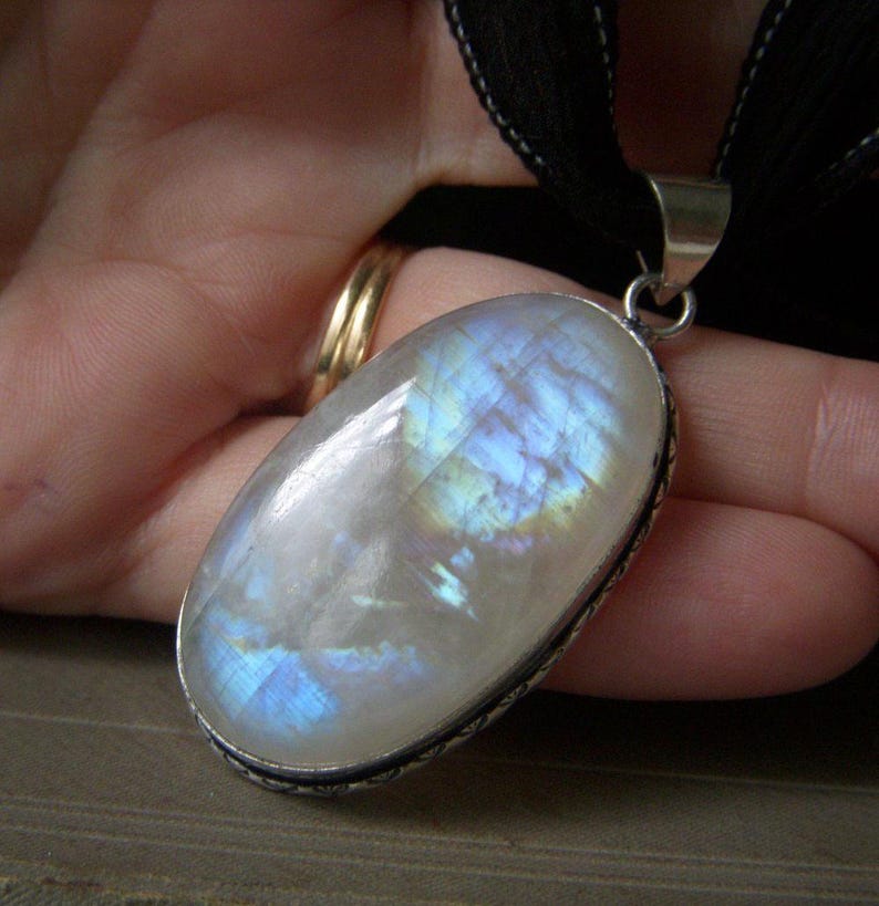 Rainbow Moonstone Pendant Necklace, Handdyed Silk Ribbon, Large Oval