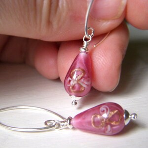 Floral Lampwork Earrings, Teardrop Earrings, Vintage Czech Glass Rose Pink Dangle, Sterling Silver Drop, Rosebud Flower Earrings image 3