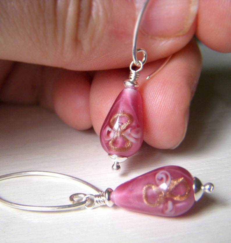 Floral Lampwork Earrings, Teardrop Earrings, Vintage Czech Glass Rose Pink Dangle, Sterling Silver Drop, Rosebud Flower Earrings image 3