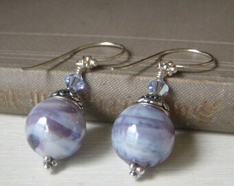 Lavender Lampwork Earrings, Sterling Silver, Lavender Swirl Earrings, Glass Lampwork Dangle Earrings, Opal Glass Luster
