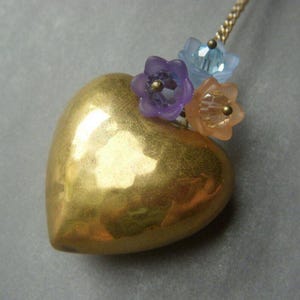 Vintage Inspired Puffy Heart Necklace, Vintage Brass Large Puffed Hammered Heart, Floral Accents, Romantic Feminine Pendant, Gift for Mom