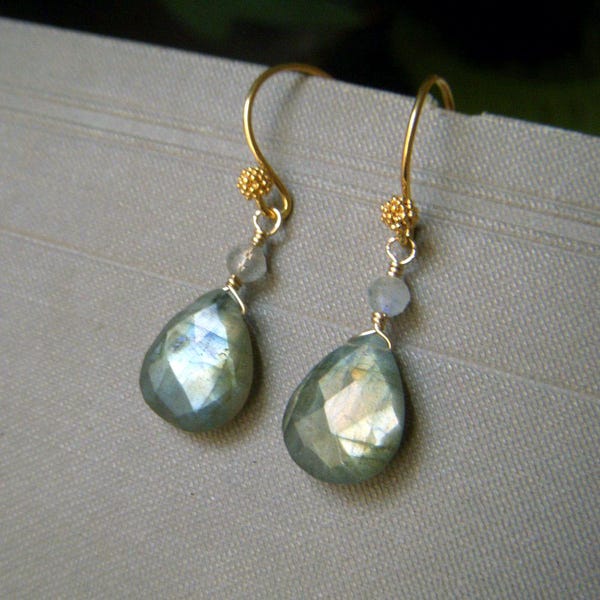 Fiery Luminous Labradorite Earrings, Gold Vermeil, Wirewrapped Faceted Teardrop Gemstone Minimalist Dangle, Artisan Jewelry