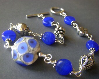 Large Cobalt Bracelet, Sterling Silver Bracelet, Gift for Mom, Hand Wired Blue Lampwork, Bali Beads, and Czech Glass Toggle Bracelet